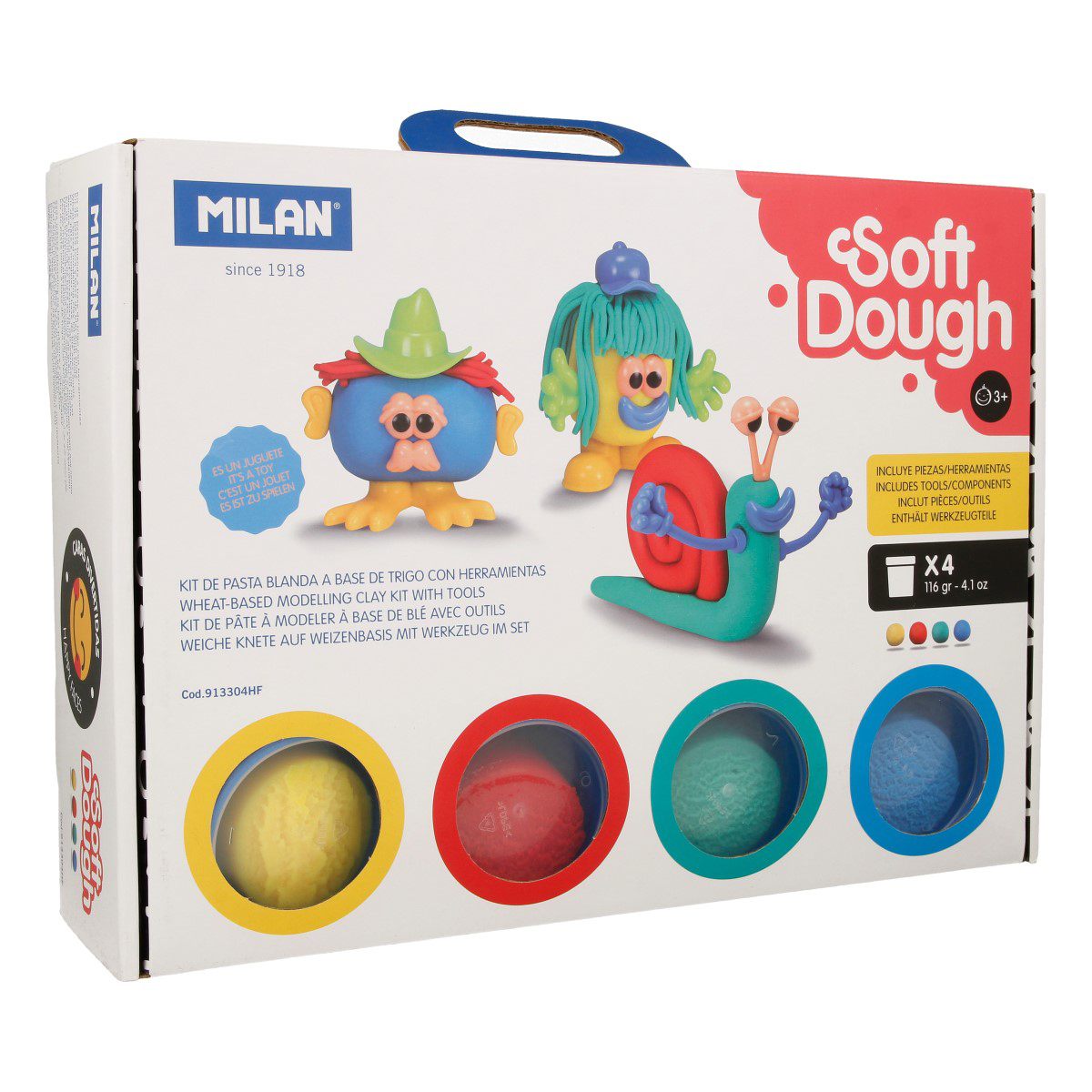 Milan Набор для лепки Soft Dough Забавные мордашки 4 цвета пластилина по 116 г + 29 аксессуаров в картонн 880 г 913304HF Фото 1.