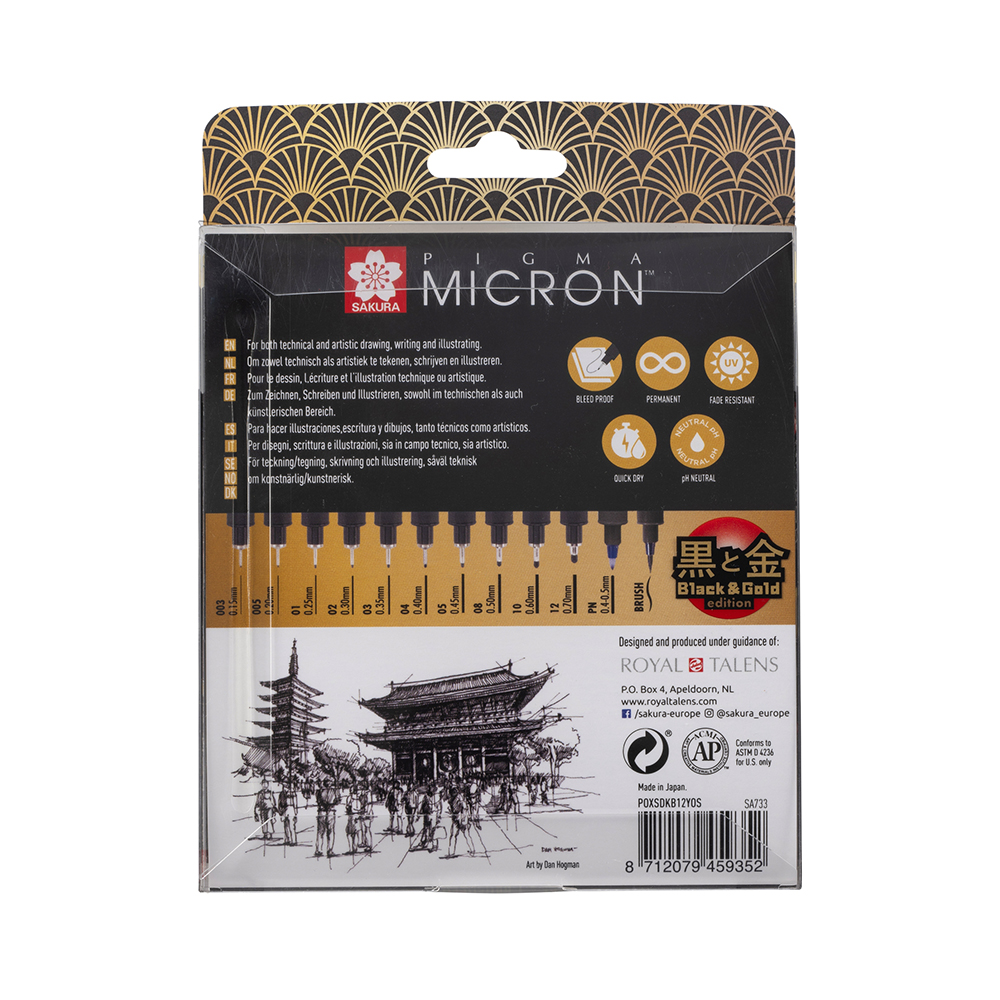 Sakura Набор капиллярных ручек Pigma Micron old Limited Edition 12 шт. POXSDKB12YOS ассорти 003-12,brush,PN черный Фото 3.