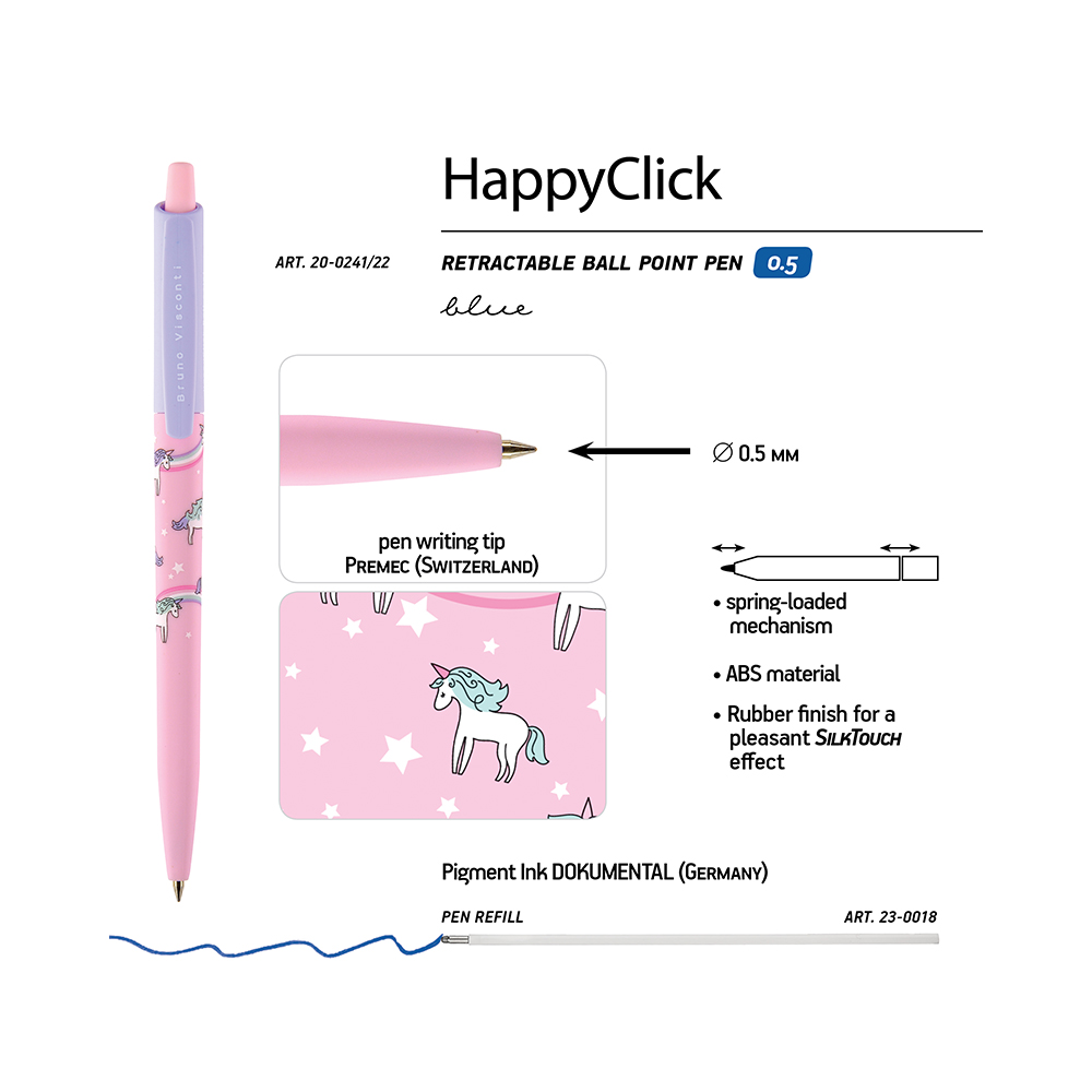 Bruno Visconti ручка автоматическая шариковая HappyClick 0.5 мм 20-0241/22 Единороги цвет чернил: синий Фото 3.