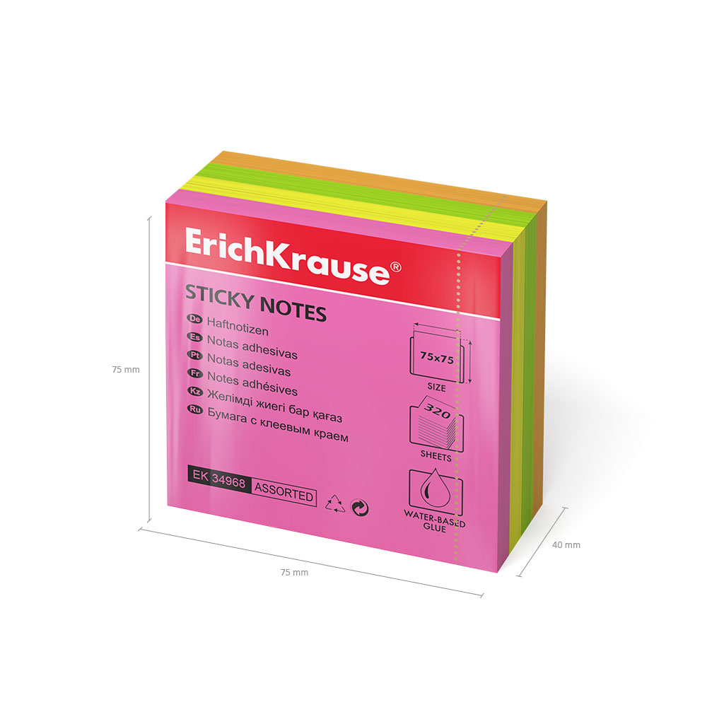 ErichKrause Бумага для заметок с клеевым краем Neon ( 75х75 мм) 4 цв. 320 л. ассорти 34968 Фото 3.
