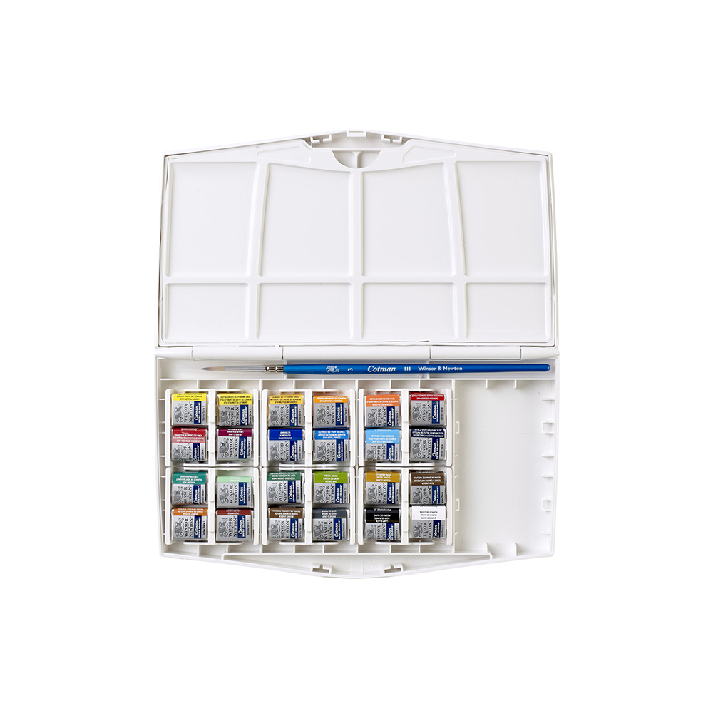 Краска акварель Winsor&Newton набор Cotman Рисование Плюс 24 цв. 390376 с кистью сер.111 №3 Фото 2.