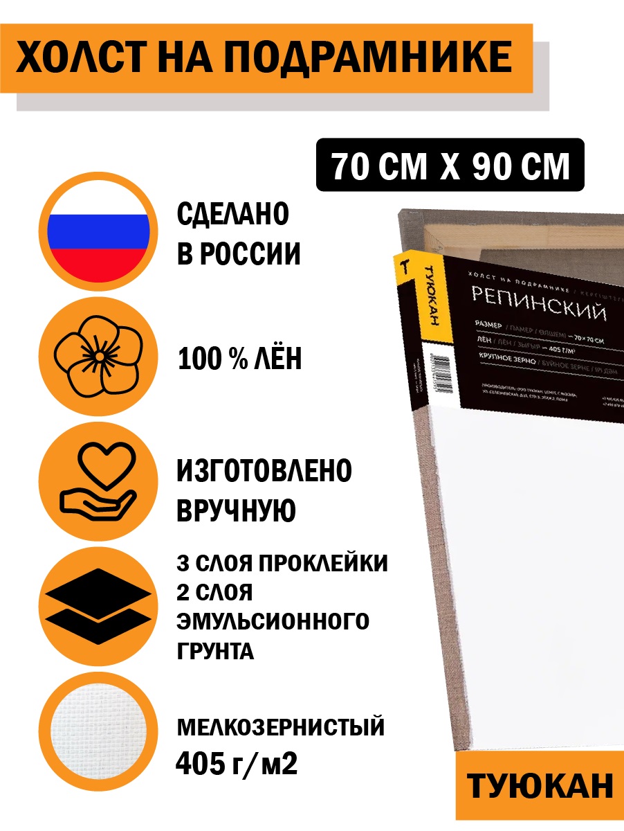 Холст грунтованный на подрамнике Туюкан Репинский 100% лён 70 х 90 см 405 г/кв.м Т0003938 крупнозернистый Фото 4.