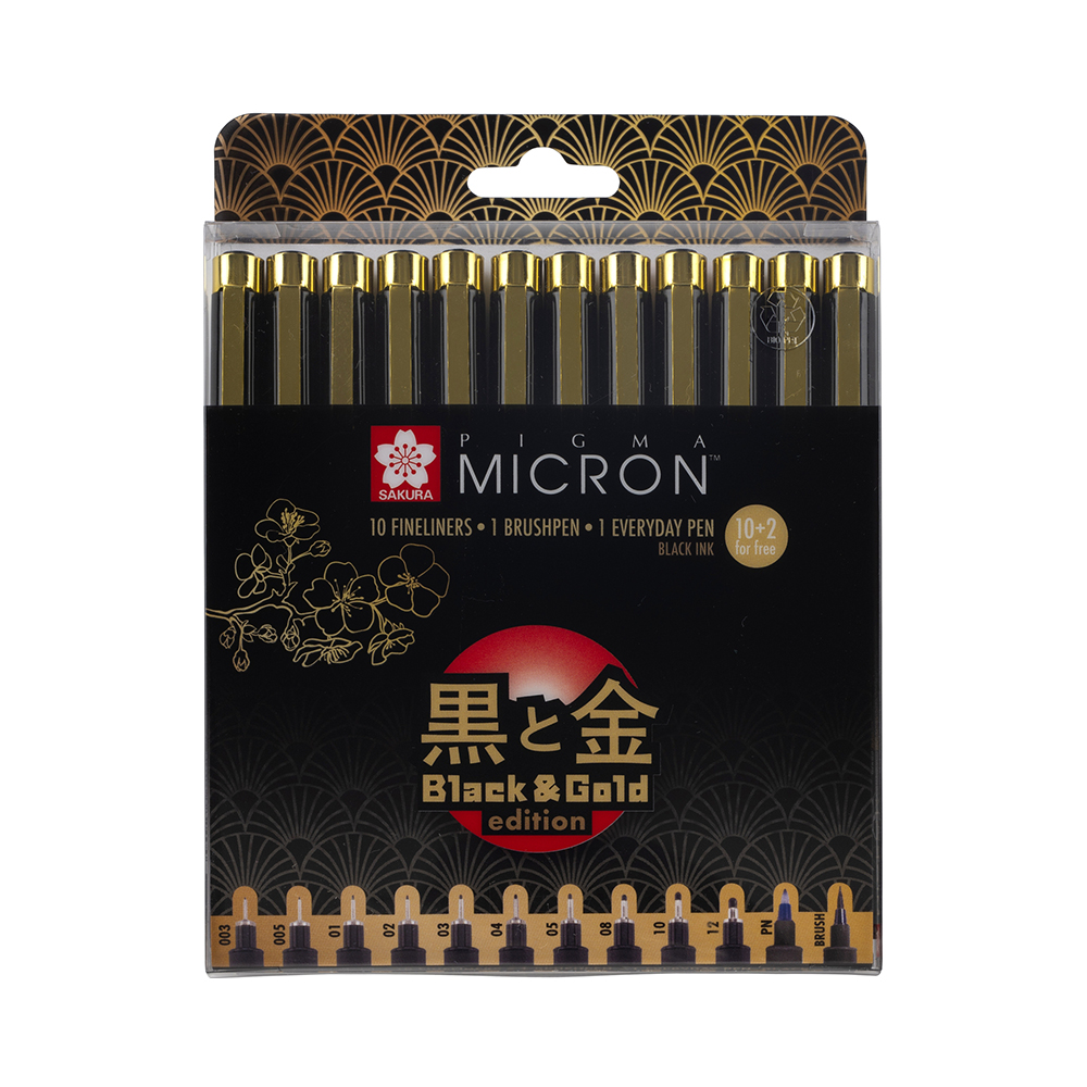 Sakura Набор капиллярных ручек Pigma Micron old Limited Edition 12 шт. POXSDKB12YOS ассорти 003-12,brush,PN черный Фото 1.