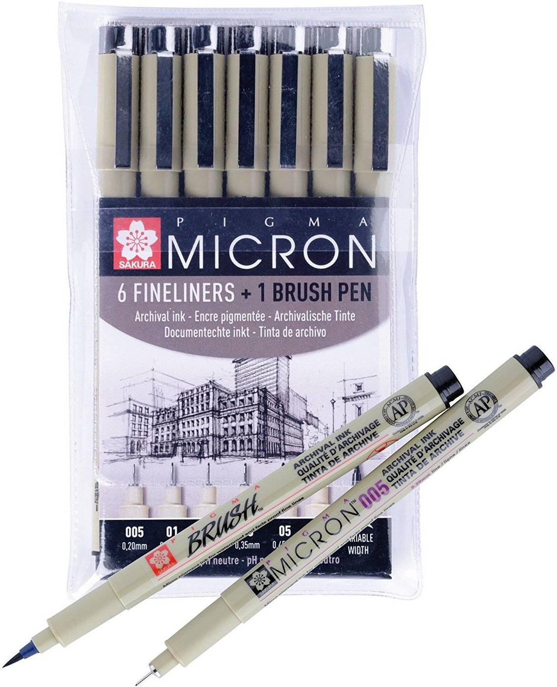 Sakura Набор капиллярных ручек Pigma Micron 7шт POXSDK7B Черный (0.2мм 025мм 0.3мм 0.35мм 0.45мм 0.5мм+ brush) Фото 3.