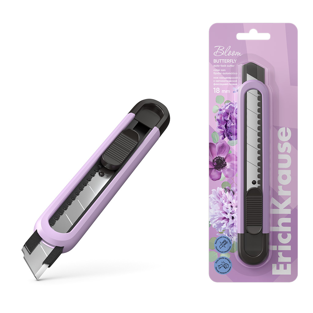 ErichKrause Нож канцелярский Butterfly Pastel Bloom, с автоматической фиксацией лезвия 18 см ассорти 61950 Фото 1.