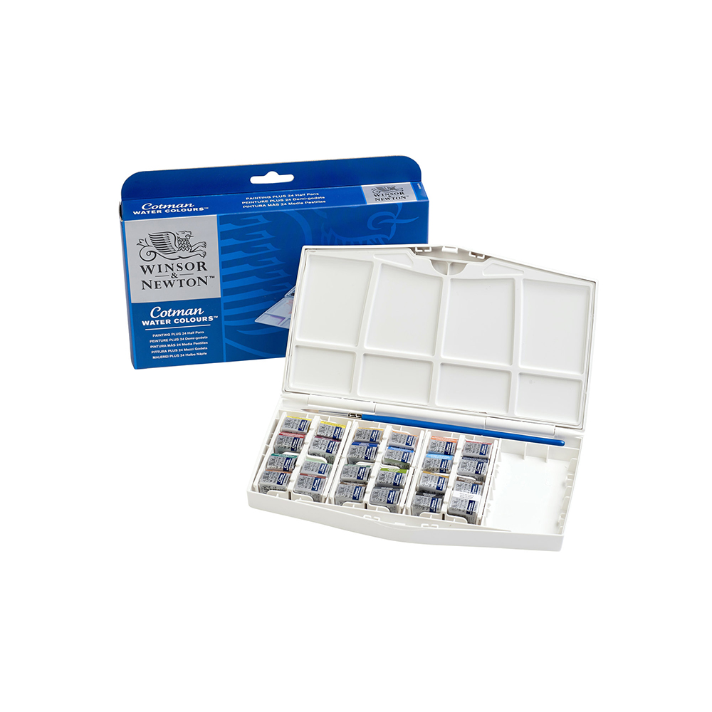 Краска акварель Winsor&Newton набор Cotman Рисование Плюс 24 цв. 390376 с кистью сер.111 №3 Фото 3.
