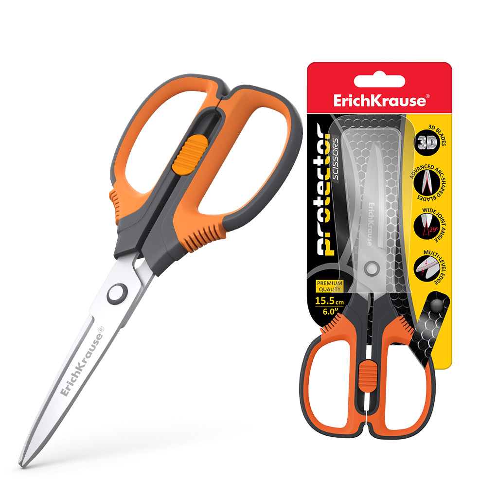 ErichKrause Ножницы Protector Lock с фиксатором 15.5 см серо-оранжевый 48055 Фото 1.
