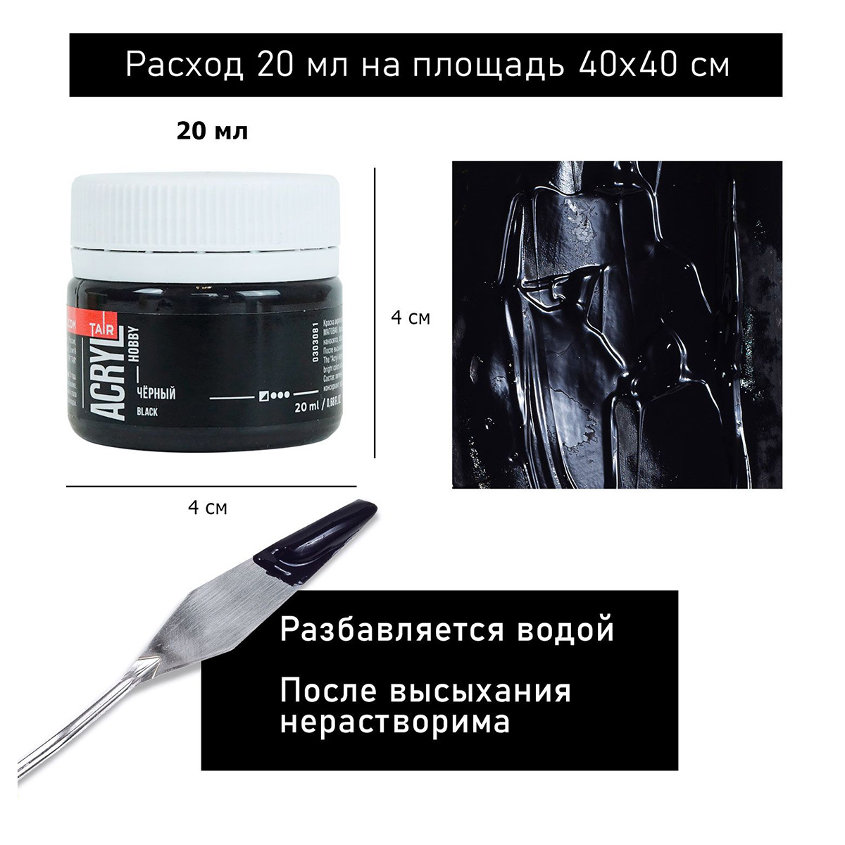 Краска акриловая ТАИР Акрил-Хобби 20 мл 303081 Черный Фото 4.