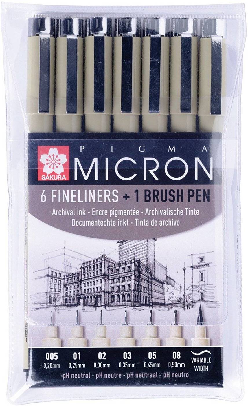 Sakura Набор капиллярных ручек Pigma Micron 7шт POXSDK7B Черный (0.2мм 025мм 0.3мм 0.35мм 0.45мм 0.5мм+ brush) Фото 1.