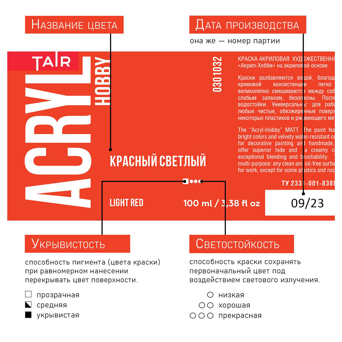 Краска акриловая ТАИР матовые Акрил-Хобби 100 мл 0301032 Красный светлый Фото 5.