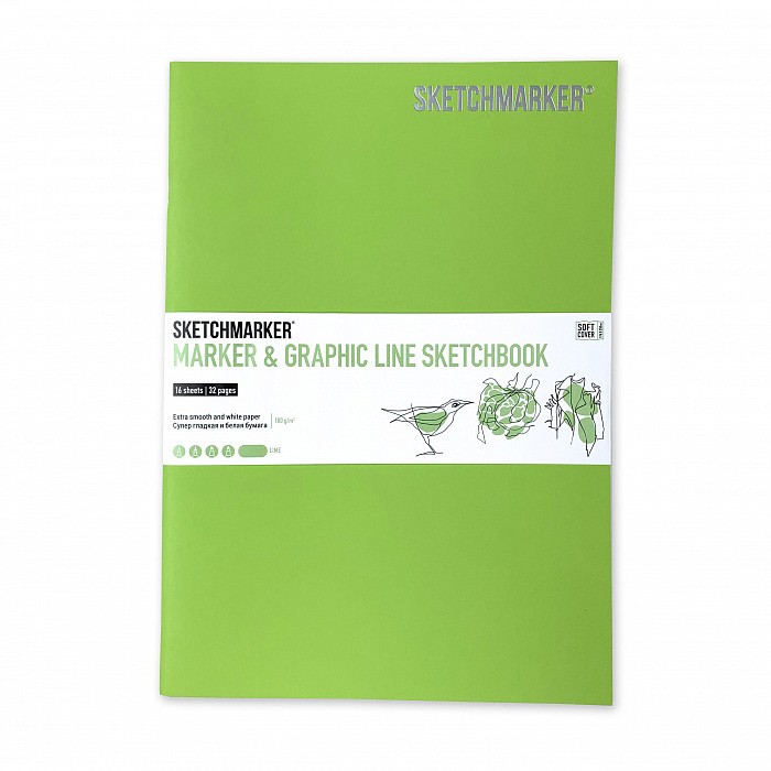 SKETCHMARKER Скетчбук MARKER & GRAPHIC LINE 180г/м.кв 176х250мм 16л мягкая обложка 180 г/м2 17.6 х 25 см лайм MGLSM/LIME Фото 1.