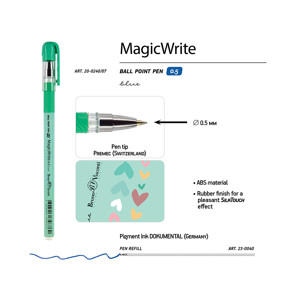 Bruno Visconti ручка шариковая MagicWrite 0.5 мм 20-0240/07 Сердечки бирюзовые цвет чернил: синий Фото 4.