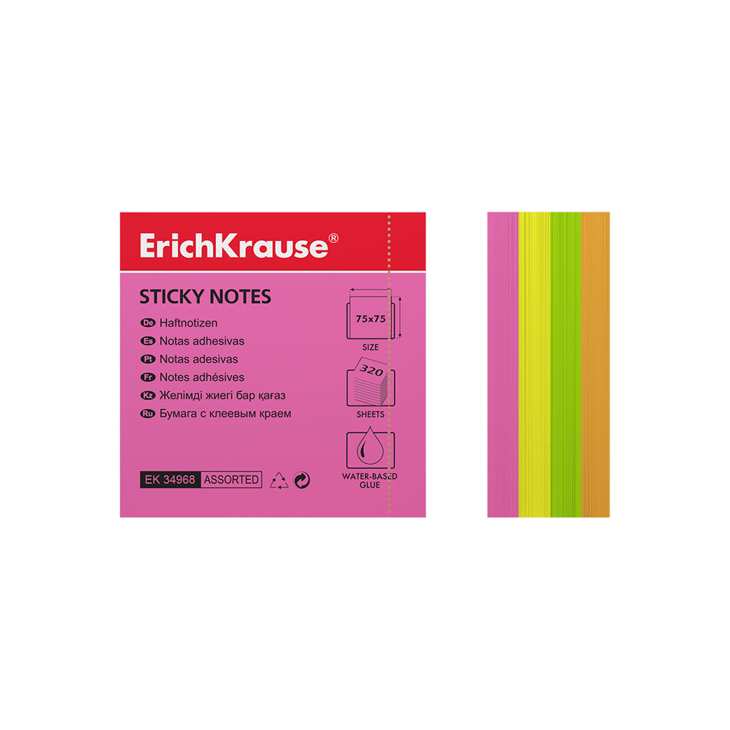 ErichKrause Бумага для заметок с клеевым краем Neon ( 75х75 мм) 4 цв. 320 л. ассорти 34968 Фото 2.