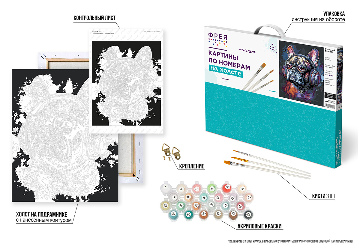 ФРЕЯ PNB/PLB-290 Набор для раскрашивания по номерам ( эффект черного холста ) 50 х 40 см Стильный бульдог Фото 5.