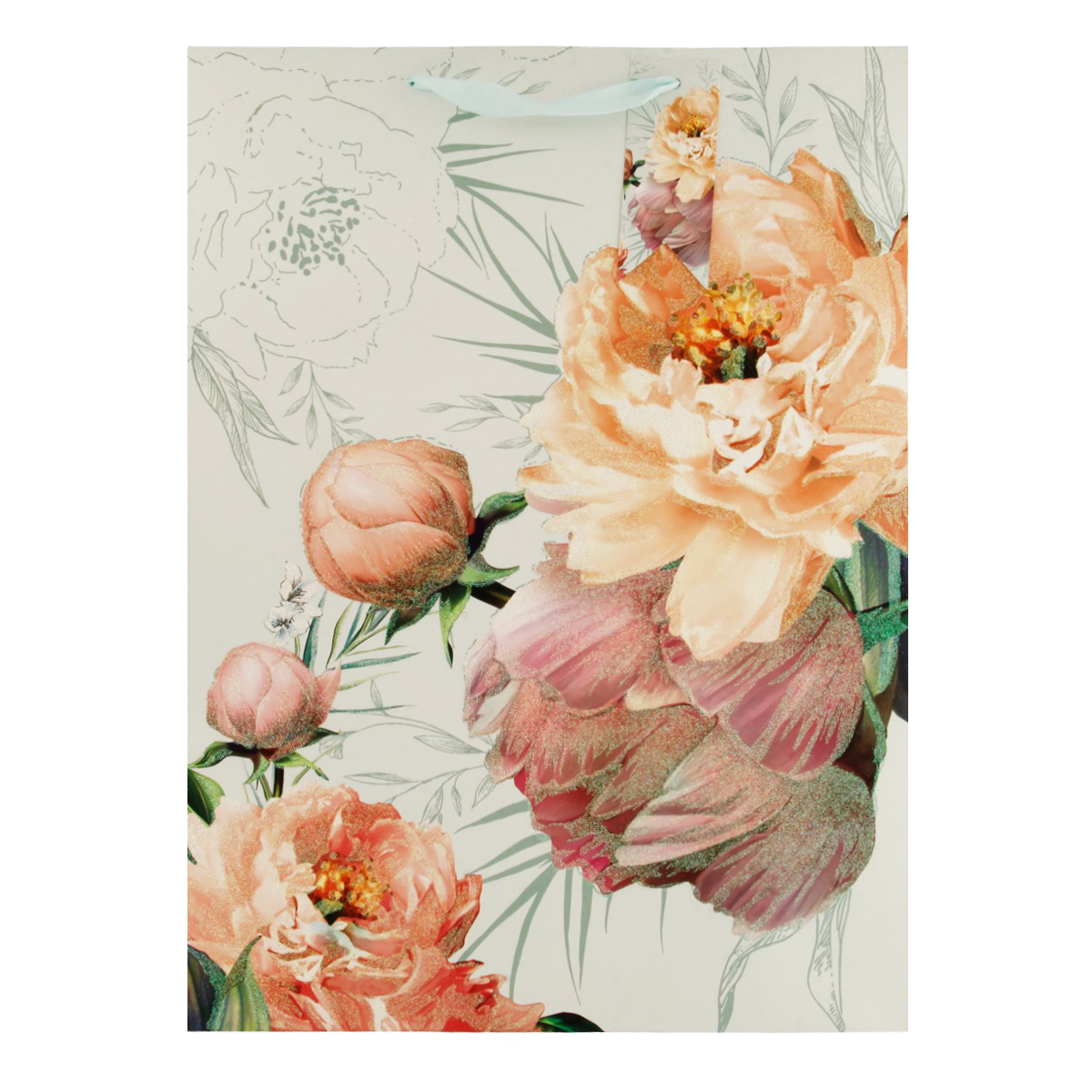 Пакет подарочный 32 х 41 х 12 см с рисунком цветы с глиттером L1039 Фото 1.