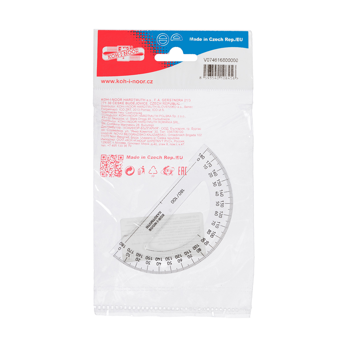 KOH-I-NOOR Hardtmuth Транспортир 180/100, прозрачн.пластик, 746168, пакет с подвесом 074616800000 Фото 2.