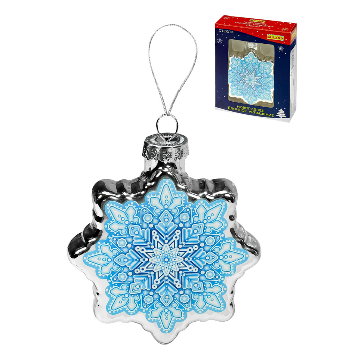 MILAND Елочное украшение из стекла D. 8 см Снежинка ЕШ-4282 Фото 1.