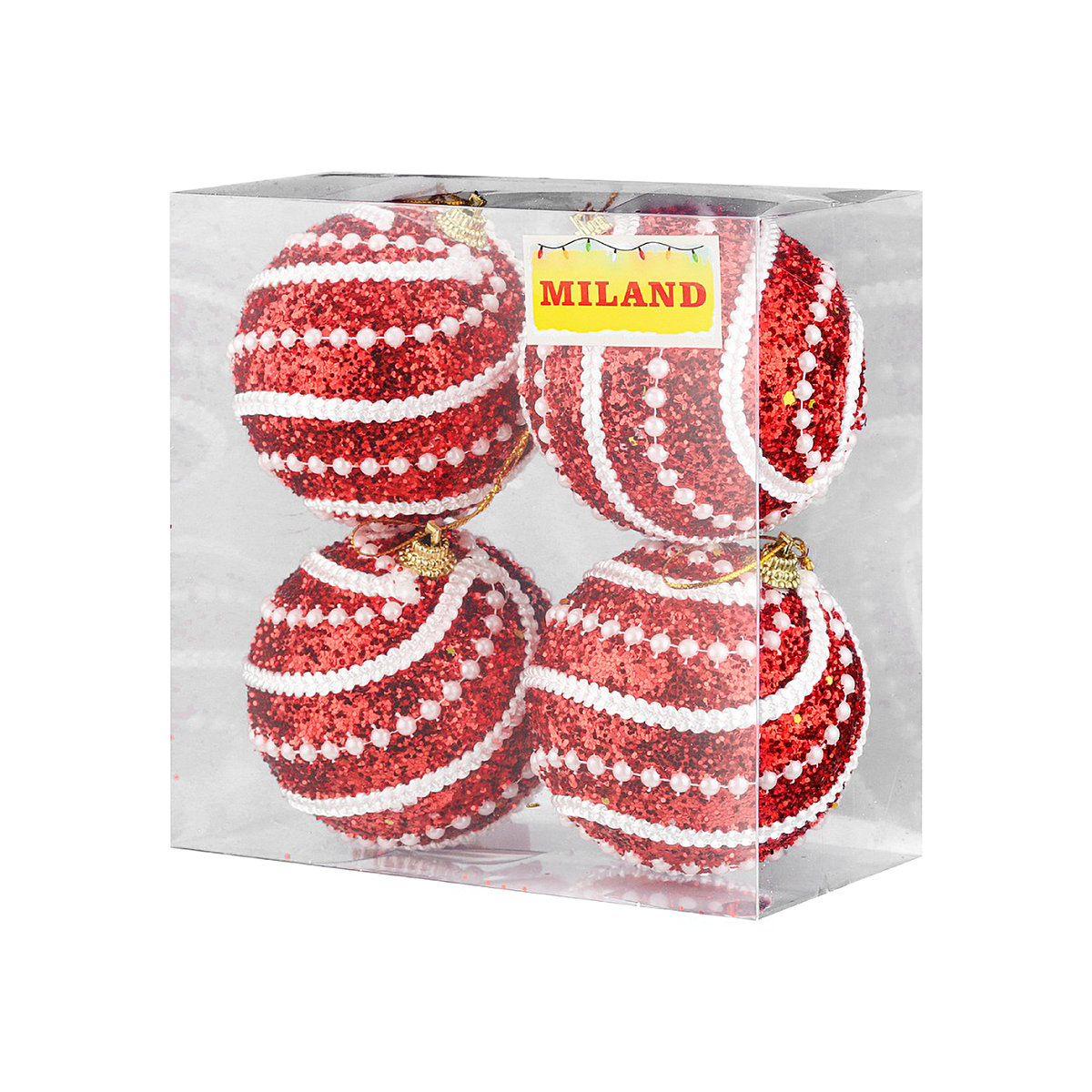 MILAND Набор новогодних елочных шаров Белый узор на красном D. 8 см 4 шт. НУ-2677 Фото 1.
