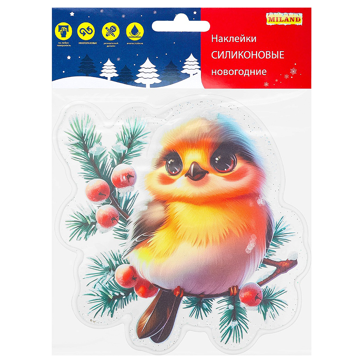 MILAND Силиконовая новогодняя наклейка Краснощекий снегирь 15 х 15 см НУ-9590 Фото 1.
