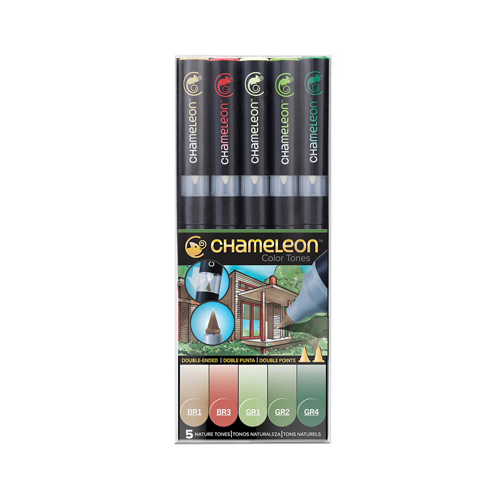 Chameleon Набор маркеров 5 шт. 1-7 мм кисть/круглое тонкое CHCT0514 Nature Tones / природные тона Фото 1.